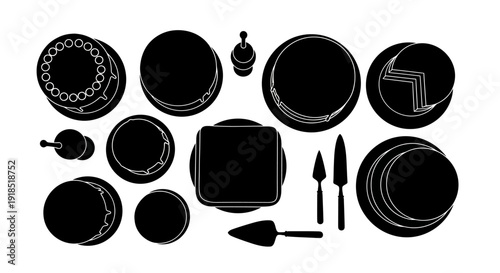 Elegant collection of various cakes, desserts, and serving utensils presented in a clean black silhouette style, perfect for bakery, party, or celebration design elements