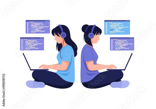 Two women engineers coding on laptops with headphones, surrounded by programming interfaces, illustrating collaborative software development.