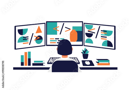 Illustration of a professional working with multiple screens, developing digital solutions and analyzing data in a modern office workspace