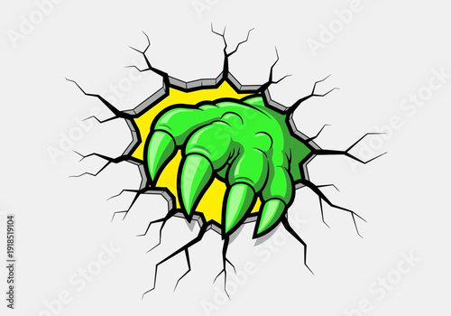 Vibrant Green Monster Claw Bursting Through a Cracked White Wall, Creating a Dynamic and Destructive Cartoon Graphic Background