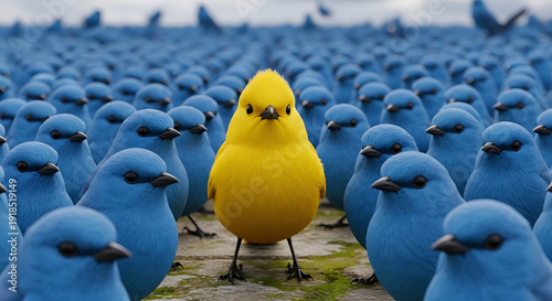 Vibrant yellow bird standing prominently amidst many identical blue avian creatures representing leadership individuality uniqueness and courage in a repetitive monochrome avian flock.