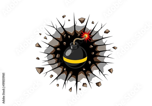 Explosive Cartoon Bomb with Lit Fuse Bursting Through a Cracked Surface, Creating Dynamic Impact and Debris - Graphic Illustration of Imminent Detonation