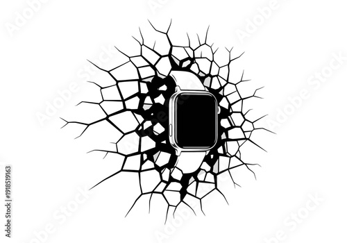 Digital smartwatch with a blank screen breaking through a cracked surface, representing technological innovation and powerful impact.