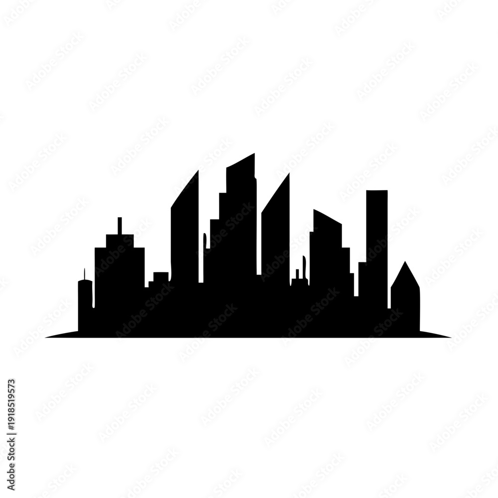 Obraz premium Silhouette of a modern city skyline with various building heights.