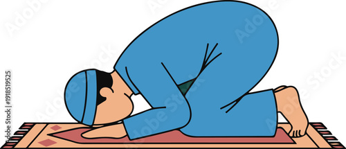 Vector illustration of a Muslim man performing sujood (prostration) during salah on a prayer mat, dressed in traditional clothing. Perfect for Islamic education, Ramadan themes, worship concepts,
