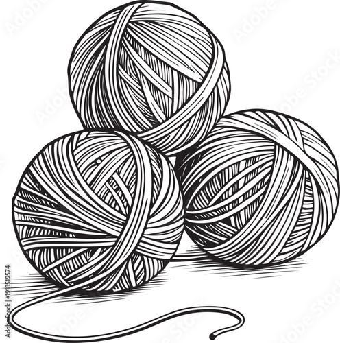 Yarn balls Hand-drawn Sketch Drawing Vector Illustration, Line Linear Symbol Black and White Engraving, Isolated
