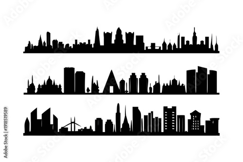 Silhouettes of city skylines with diverse architectural styles.