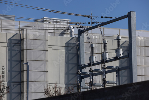 A power substation delivers energy via power line to a data center in Santa Clara, California, USA.