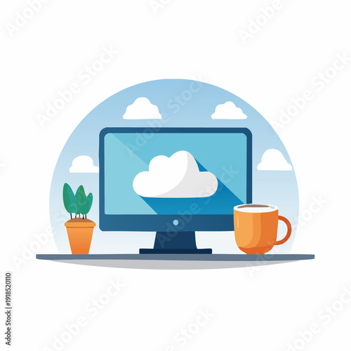 Computer screen displaying cloud icon with coffee cup and plant.