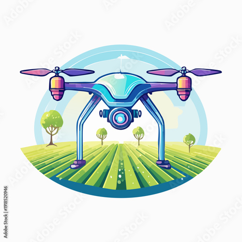 Drone flying over a vibrant green agricultural field.