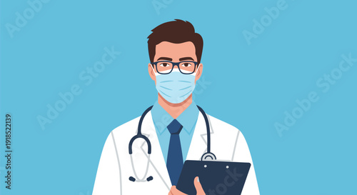 Doctor in Medical Mask and Glasses with Stethoscope Holding Clipboard. Healthcare Professional Vector Illustration on Blue Background.