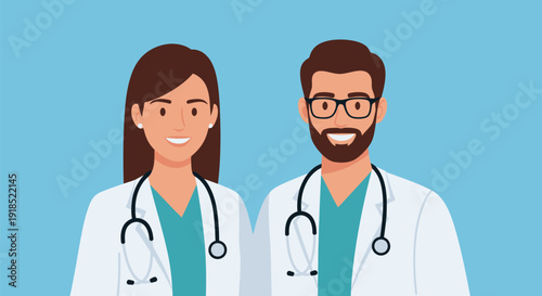 Friendly Doctors Team Vector Illustration. Male and Female Physicians Smiling Portrait in Lab Coats and Stethoscopes on Blue Background