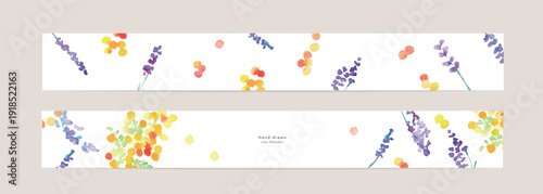 水彩画。水彩タッチの春の植物テンプレート。花と植物の装飾背景セット。
Watercolor painting. Spring botanical template with watercolor touches. Floral and botanical decorative background set.