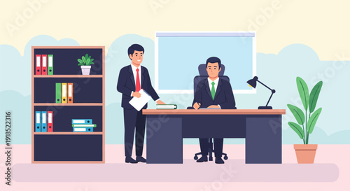 Boss Manager Signing Document and Employee Presenting Report in Corporate Office. Business Meeting, Workflow, and Delegation Flat Illustration.
