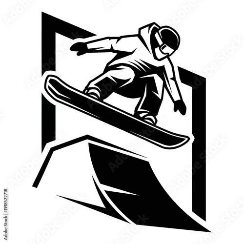 Black and White Snowboard Slopestyle Vector Silhouette – Winter Extreme Sports Illustration