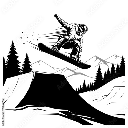 Black and White Snowboard Slopestyle Vector Silhouette – Winter Extreme Sports Illustration