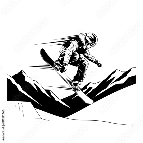 Black and White Snowboard Slopestyle Vector Silhouette – Winter Extreme Sports Illustration