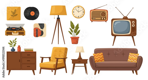 Mid Century Modern Furniture Vector Set – Retro Home Interior Illustration Collection