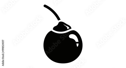 Pure graphic silhouette of a ripe, juicy cherry, an iconic sweet fruit perfect for enhancing celebration desserts. This minimalist, solid black illustration captures the essence of a delicious topping