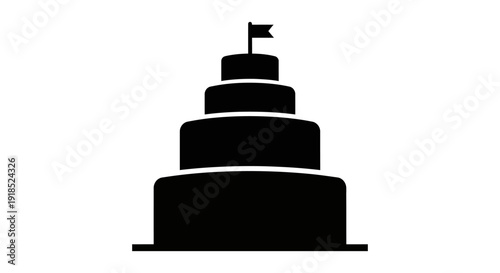 A tiered celebration cake with a flag on top, presented as a simple black silhouette on a white background, perfect for festive occasions