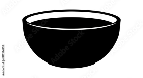 A simple black silhouette of a round bowl filled with a dark liquid or substance, isolated on a white background, representing a common household item or food element