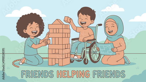 Diverse children helping each other build a brick tower together.