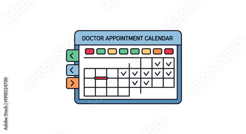 Doctor appointment calendar illustration showing scheduled appointments on a grid with checkmarks and blank dates