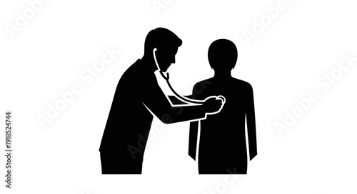Minimalist black silhouette icon depicting a doctor conducting a chest examination with a stethoscope on a patient, signifying medical consultation, diagnosis, and health assessment