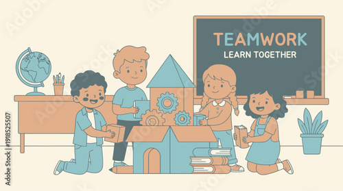 Diverse children building together in a classroom with teamwork sign on blackboard.