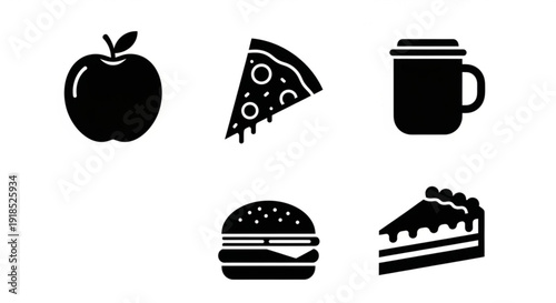Food icons including apple pizza coffee burger and cake on white background