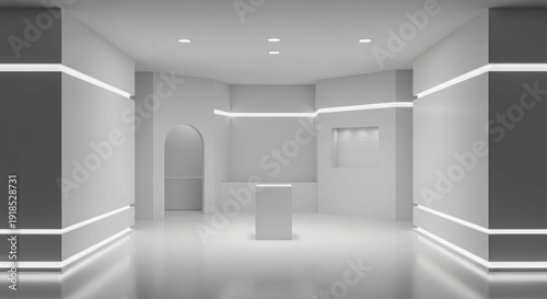 Wallpaper Mural Modern minimalist white gallery interior with illuminated strip lighting and central display pedestal. Torontodigital.ca