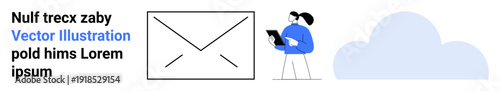 Communication, cloud computing, data storage, email services, remote work, digital communication. Envelope icon, individual holding tablet blue cloud. Communication and cloud computing concept