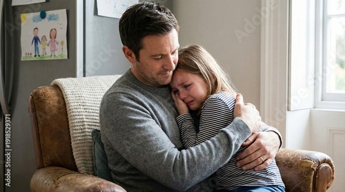 Father comforting his crying daughter while sitting in a leather armchair