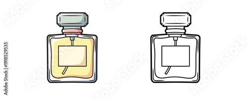 Glass perfume bottle in flat and line art styles with yellow liquid and gray cap isolated on white background for luxury beauty or cosmetic fashion concepts