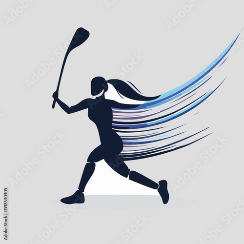 Dynamic Silhouette of a Female Camogie Player in Action with Motion Trails.