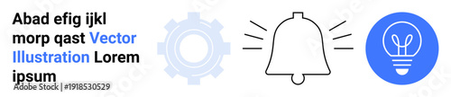Project management, notifications, ideas, problem-solving, innovation, system settings. Gear, notification bell and light bulb icons. Notifications and system settings visual concept