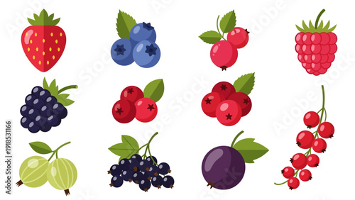 Various flat vector icons of berries including strawberry, blueberry, raspberry, blackberry and currants isolated on a white background for graphic design.