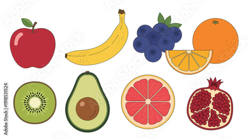 Colorful collection of flat vector fruit illustrations featuring red apple, yellow banana, blue berries, orange, kiwi, avocado, grapefruit, and pomegranate.