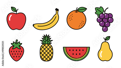 Vector set of colorful fruit icons including red apple yellow banana orange grapes strawberry pineapple watermelon slice and yellow pear on white background.