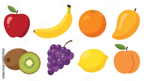 Vector Illustration Collection of Colorful Fresh Fruits Including Red Apple, Yellow Banana, Orange, Mango, Kiwi, Grapes, Lemon and Peach on White Background.