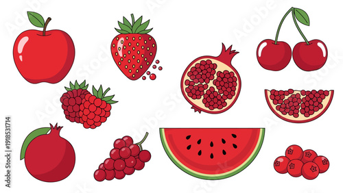 Collection of Vibrant Red Fruit Vector Illustrations Featuring Apple, Strawberry, Pomegranate, Watermelon, Cherry, Raspberry, Grapes, and Cranberries on White.