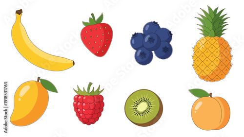 Colorful flat vector illustration collection of fresh organic fruits including banana strawberry blueberries pineapple mango raspberry kiwi and peach on white.
