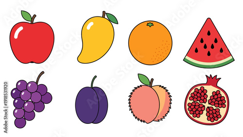 Vibrant set of flat vector fruit icons including a red apple, yellow mango, citrus orange, watermelon slice, grapes, plum, fuzzy peach, and pomegranate half.