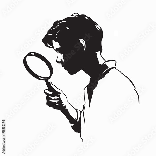 Boy Inspecting with Magnifying Glass Vector Illustration On White Background