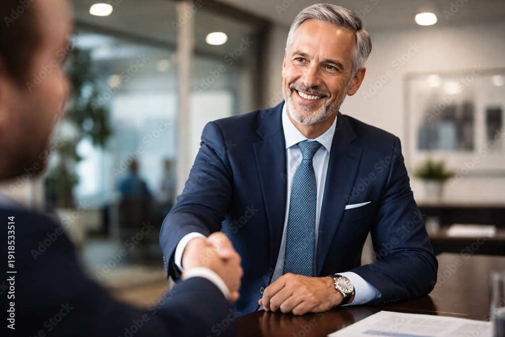 Fototapeta premium Two smiling businessmen in suits shaking hands during a meeting, signaling agreement or a successful partnership in a modern office setting.