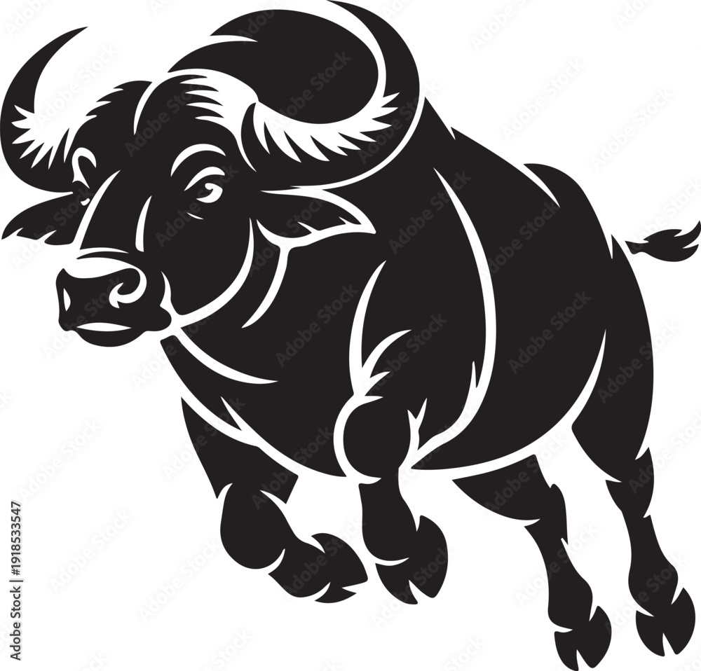 Obraz premium Dynamic Black water buffalo Running Vector Illustration with Bold Horns and Power