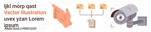 Data privacy, surveillance systems, document organization, technology, security monitoring, visual communication. Surveillance camera, hand gesture and file management icons . Data privacy