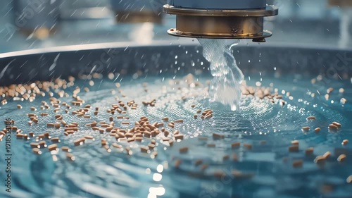 Close-up of an automated feeding system releasing food pellets into the water for fish in a commercial aquaculture farm.