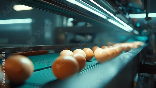 Automated poultry farm system showing fresh organic eggs moving along a conveyor belt for quality inspection and sorting.