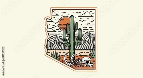 Arizona desert landscape illustration, cactus, mountains, sunset, wildlife